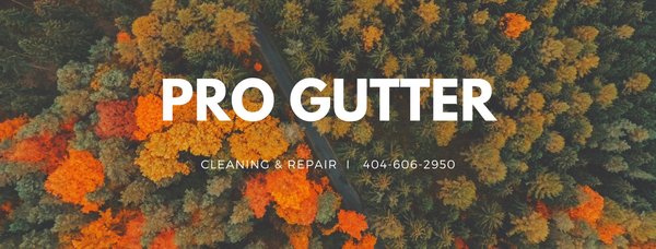 Pro Gutter Cleaning and Repair — branded service card overlay with phone 404-606-2950 on an aerial autumn-forest photo